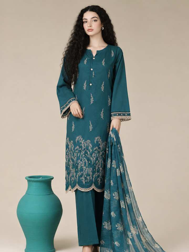 HZ Textiles RTW Chikankari Lawn 3 Piece Suit HZ26PCL TEAL GARDEN SBE-3P-077 - Casual Collection