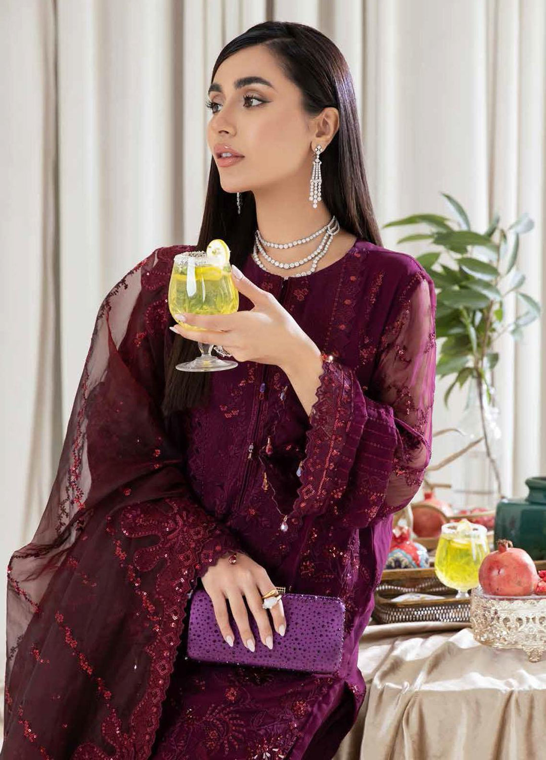 Elanora By Nureh Embroidered Chiffon Suits Unstitched 3 Piece NU22EC NEL- 12 - Luxury Collection