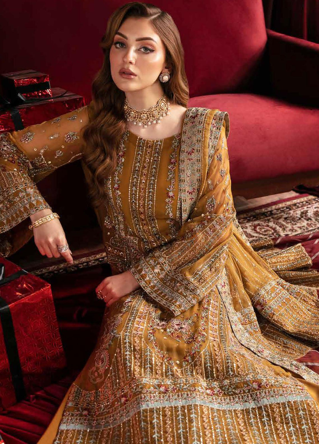 Elanora By Nureh Embroidered Chiffon Suits Unstitched 4 Piece NU23LC NEL-37 Crimson - Luxury Collection