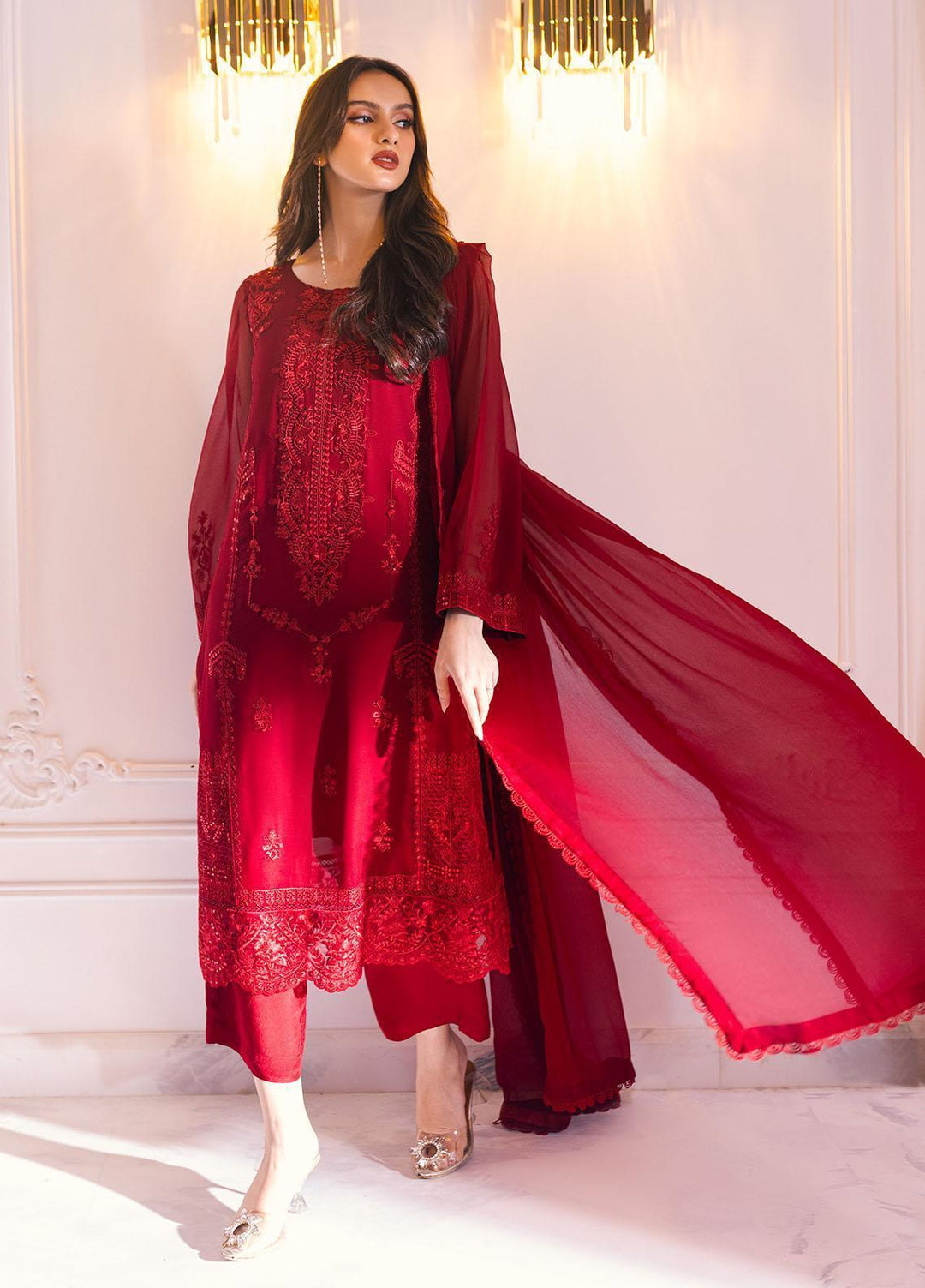 Ella By Sahane Embroidered Chiffon  Unstitched Kurties SNE23EL SAH-1001 Scarlet - Formal Collection