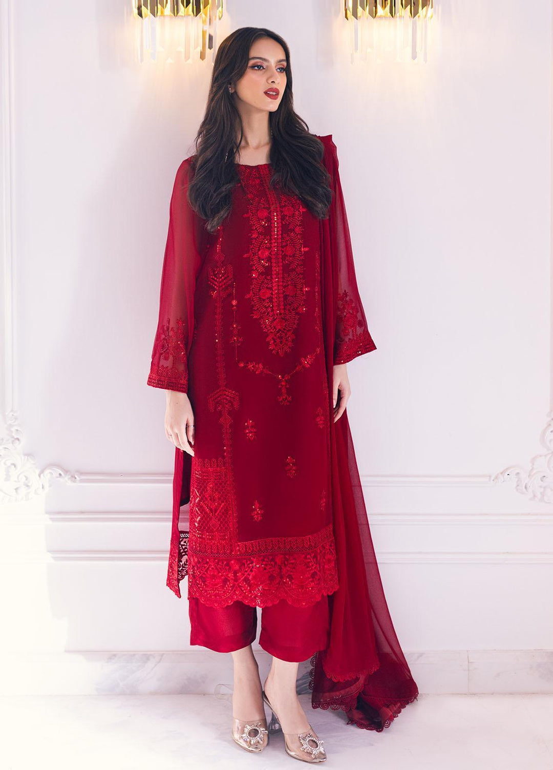 Ella By Sahane Embroidered Chiffon  Unstitched Kurties SNE23EL SAH-1001 Scarlet - Formal Collection
