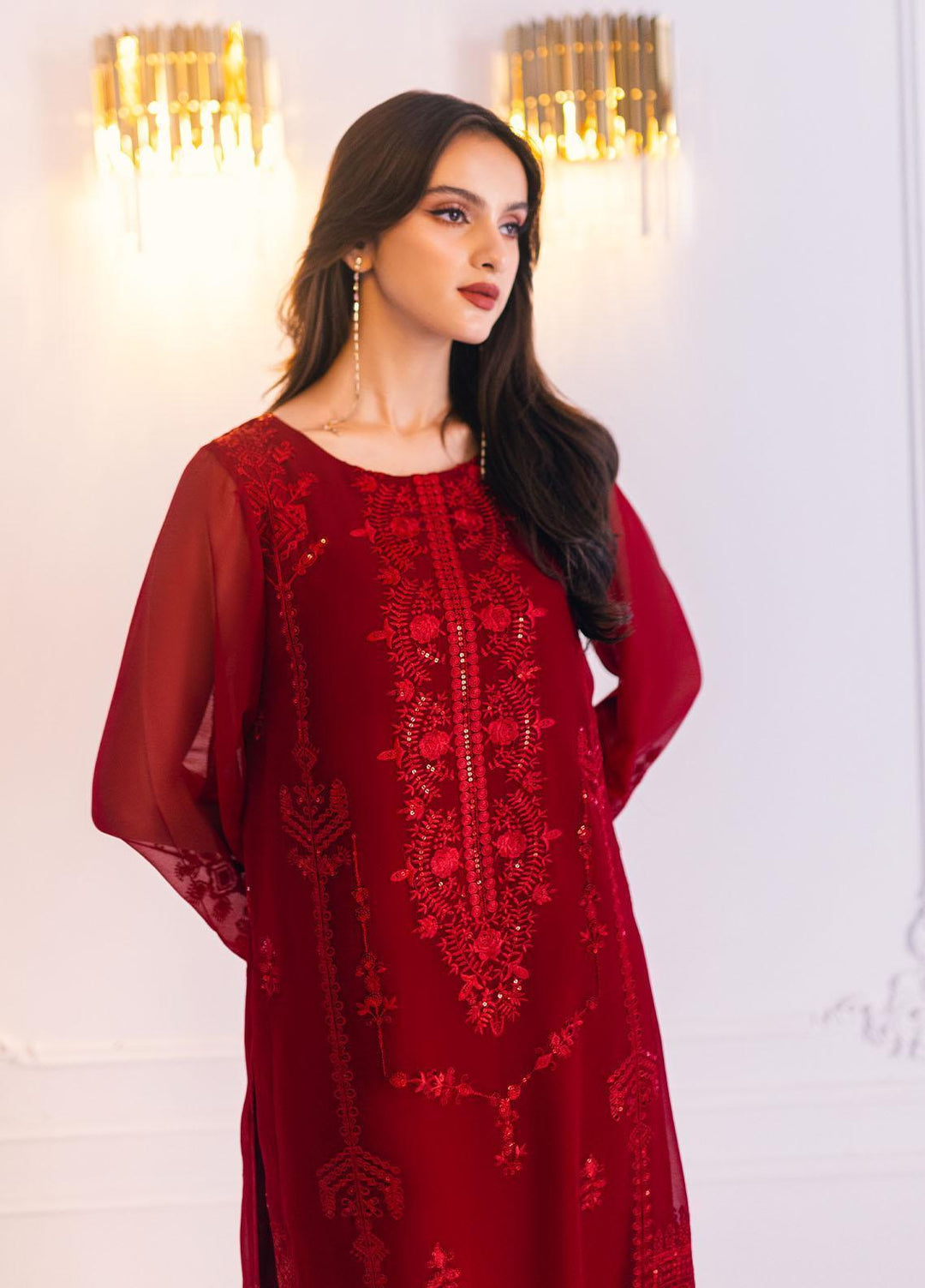 Ella By Sahane Embroidered Chiffon  Unstitched Kurties SNE23EL SAH-1001 Scarlet - Formal Collection
