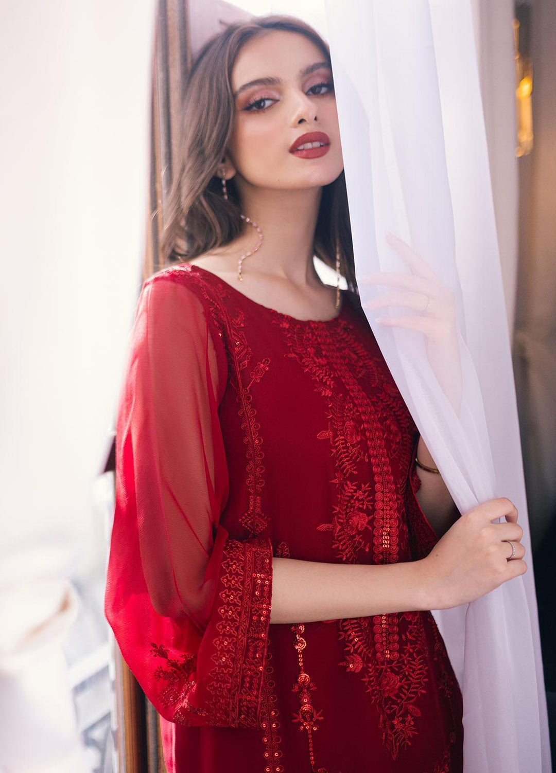 Ella By Sahane Embroidered Chiffon  Unstitched Kurties SNE23EL SAH-1001 Scarlet - Formal Collection