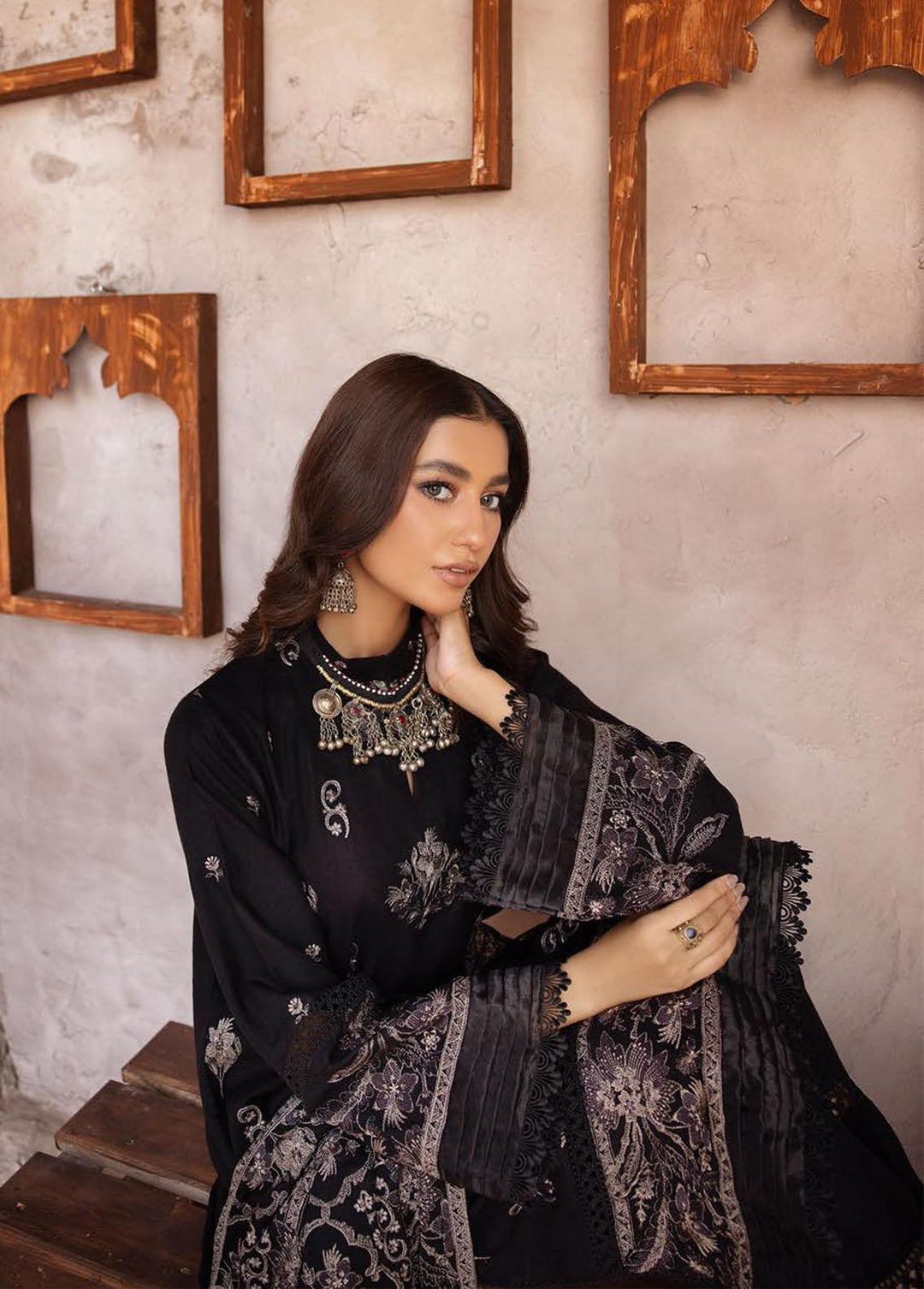 Elma by Riaz Arts Embroidered Leather Peach Suits Unstitched 3 Piece RA22E 01 - Winter Collection