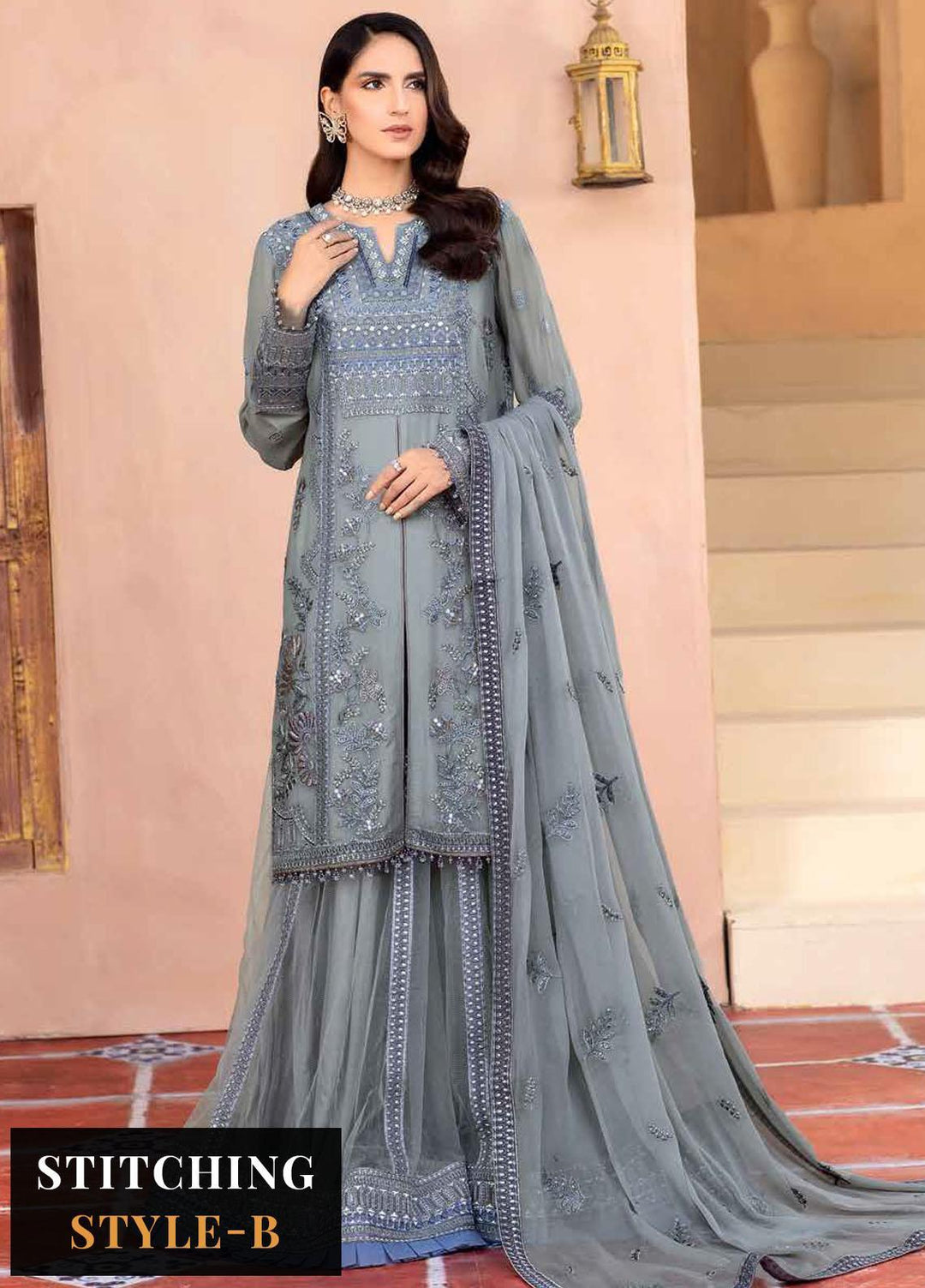 Elnaz By Flossie Embroidered Chiffon Suits Unstitched 3 Piece FS23EZ E-108 Ultimate Grey - Festive Collection