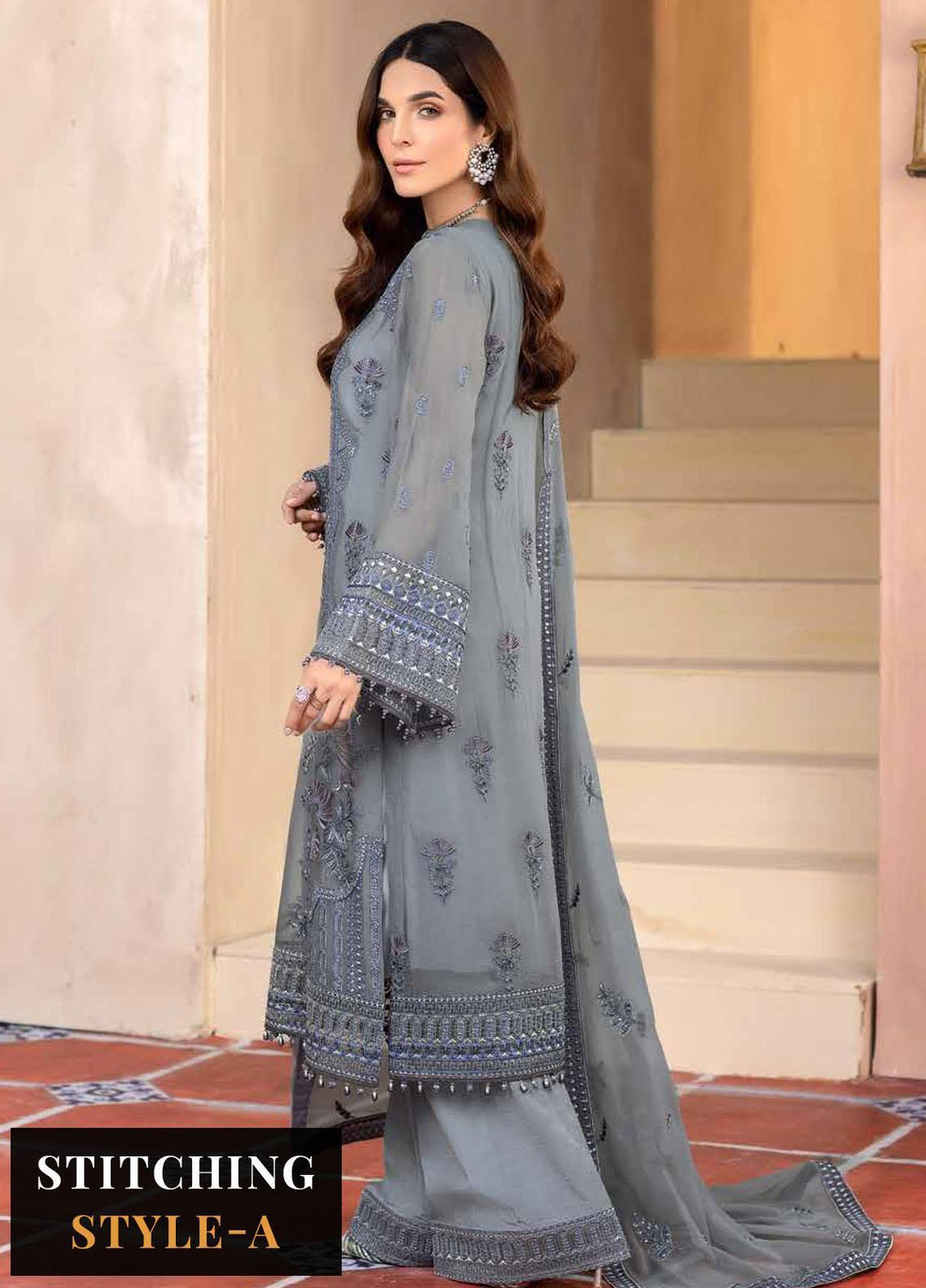 Elnaz By Flossie Embroidered Chiffon Suits Unstitched 3 Piece FS23EZ E-108 Ultimate Grey - Festive Collection