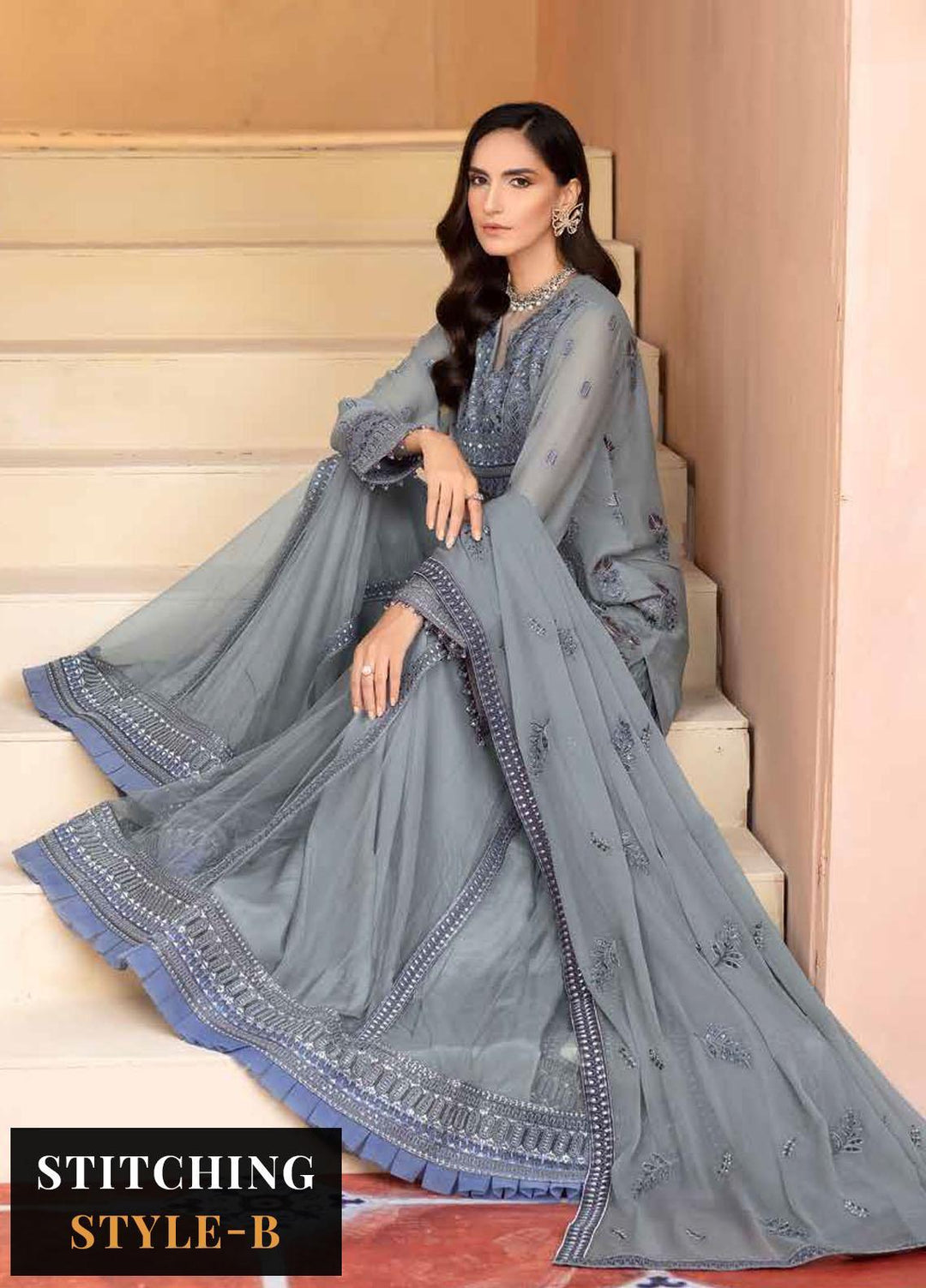 Elnaz By Flossie Embroidered Chiffon Suits Unstitched 3 Piece FS23EZ E-108 Ultimate Grey - Festive Collection