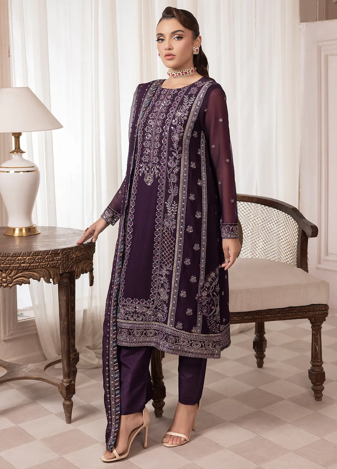 Elyssa by Sahane Embroidered Chiffon Suits Unstitched 3 Piece SNE25EL CT-19006 Mure - Formal Collection