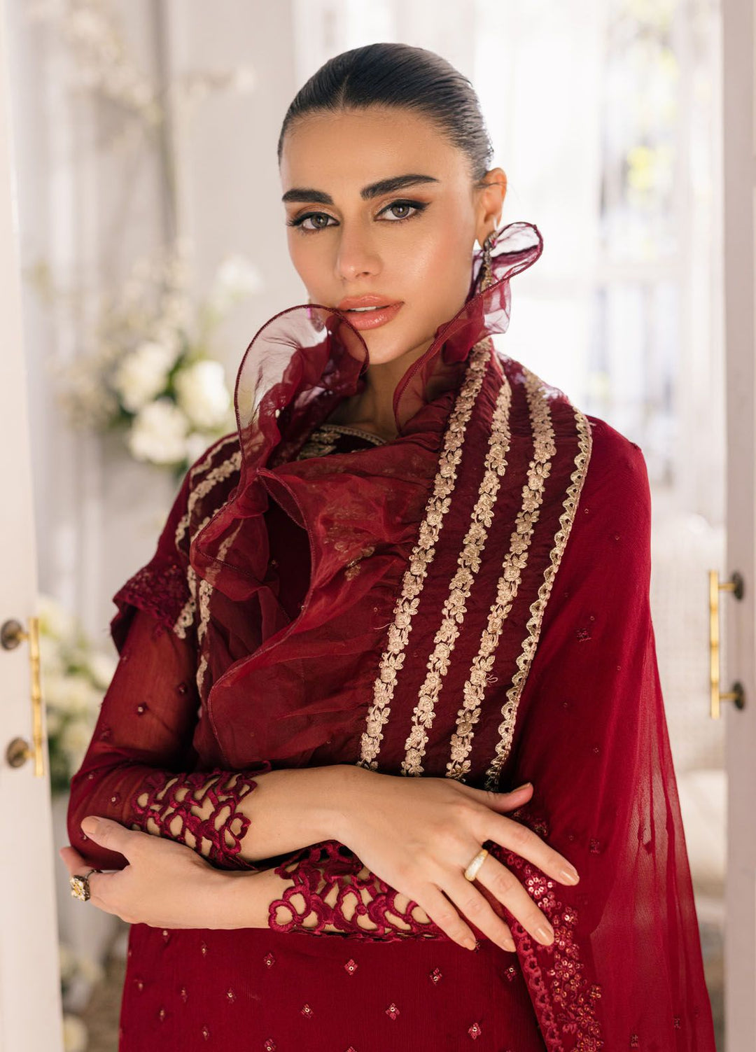 Ensembles by Azure Embroidered Chiffon Suits Unstitched 3 Piece AZU24EF ES-050 Garnet Glam - Festive Collection