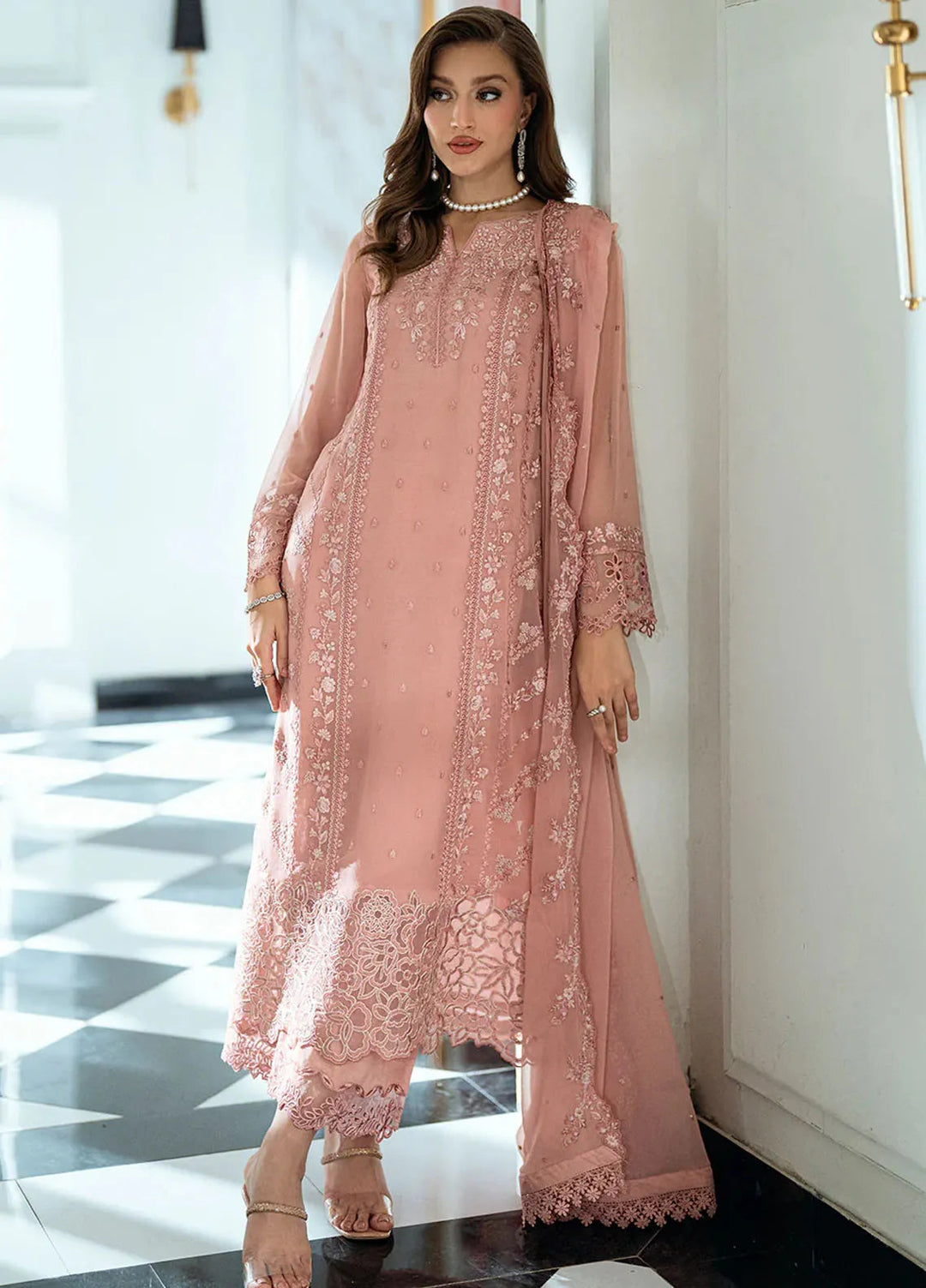 Ensembles by Azure Embroidered Chiffon Suits Unstitched 3 Piece AZU25ED Faded Blush - Festive Collection