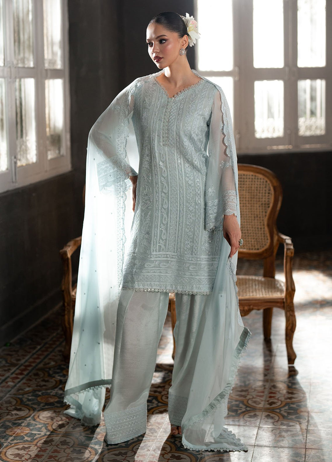 Ensembles by Azure Embroidered Chiffon Suits Unstitched 3 Piece AZU25EF Icy Mist ES-107 - Festive Collection