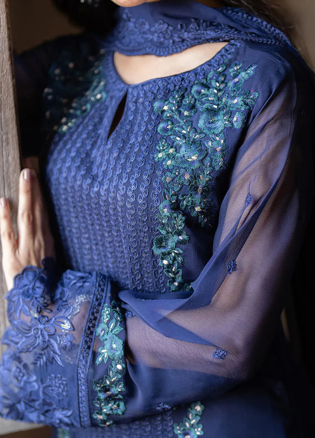 Ensembles By Azure Embroidered Chiffon Suits Unstitched 3 Piece AZU25EN I-01335 Serene Sapphire - Festive Collection