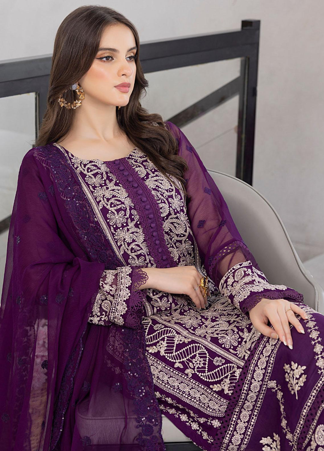 Ensembles By Azure Embroidered Chiffon Suits Unstitched 4 Piece AZU23ES3P ES-028 Pansy Petals - Festive Collection