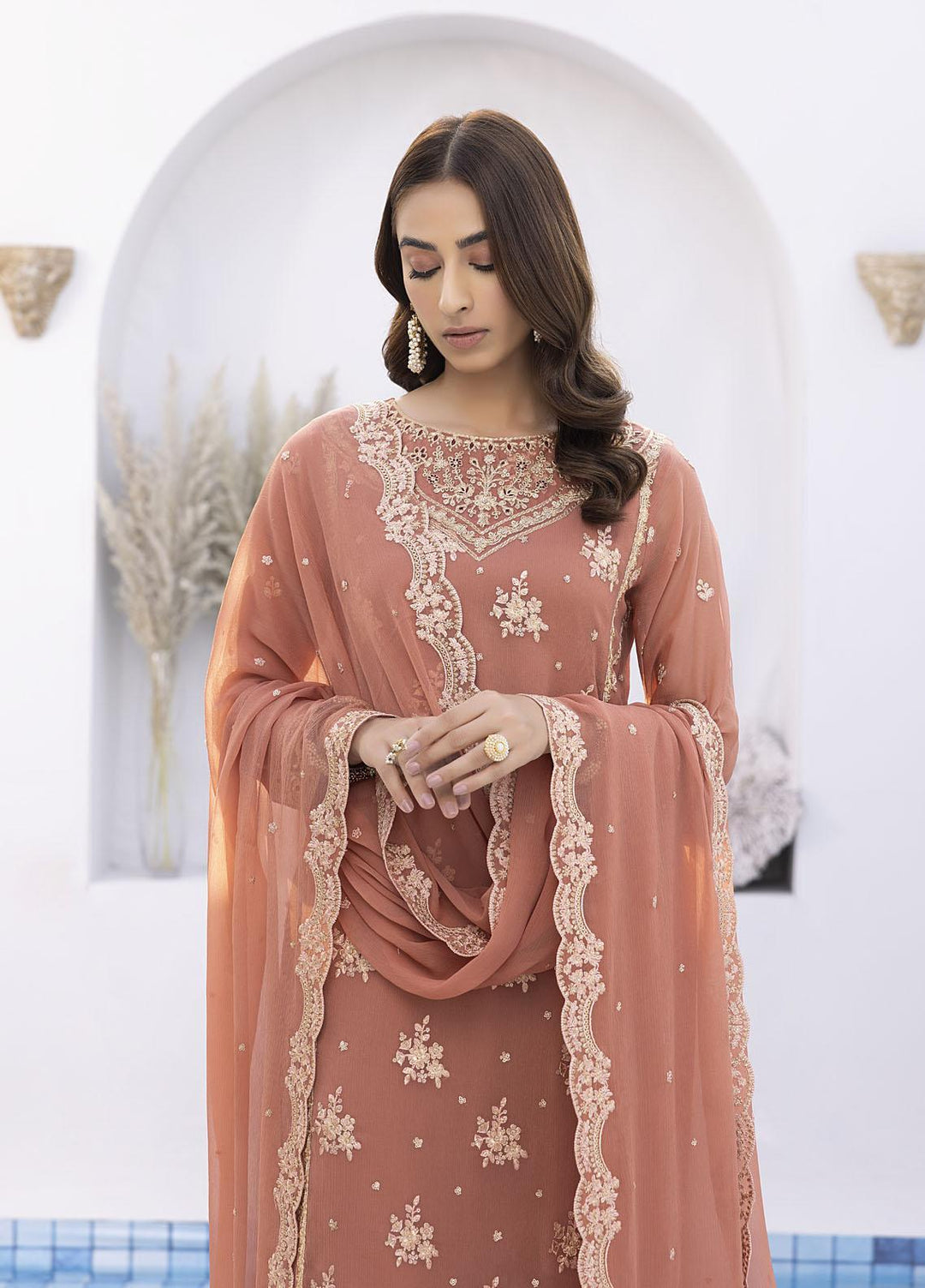 Ensembles by Azure Embroidered Chiffon Suits Unstitched 4 Piece AZU22EC-V2 ES-012 Tangerine - Luxury Collection