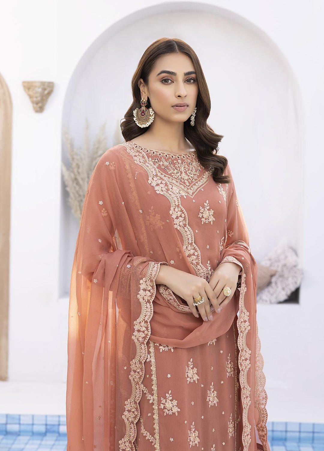 Ensembles by Azure Embroidered Chiffon Suits Unstitched 4 Piece AZU22EC-V2 ES-012 Tangerine - Luxury Collection