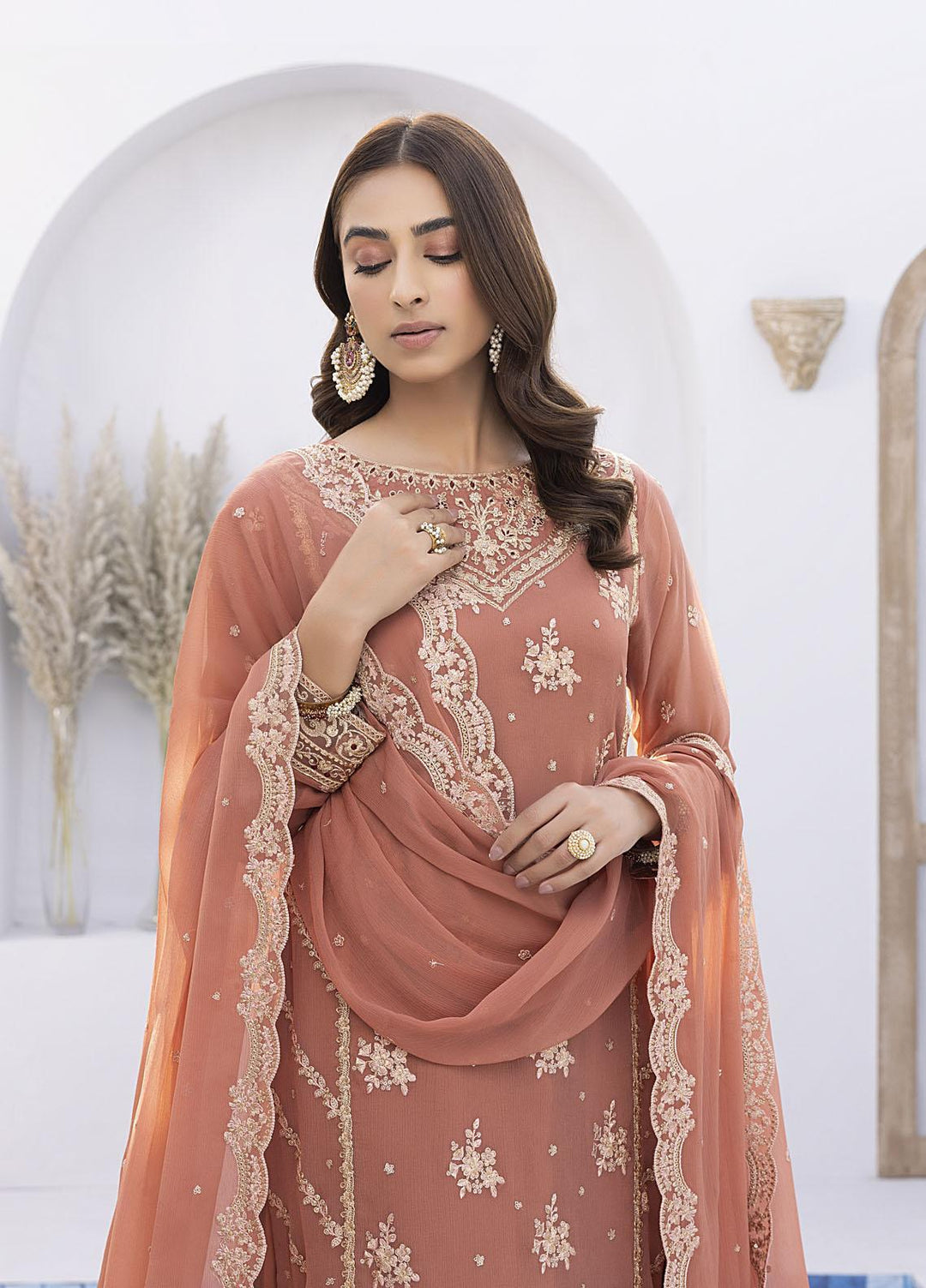 Ensembles by Azure Embroidered Chiffon Suits Unstitched 4 Piece AZU22EC-V2 ES-012 Tangerine - Luxury Collection