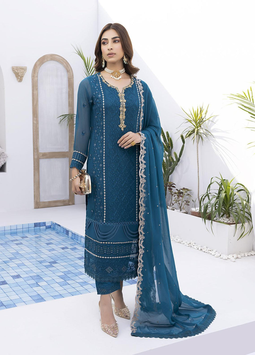 Ensembles by Azure Embroidered Chiffon Suits Unstitched 4 Piece AZU22EC-V2 ES-014 Radiant Sea - Luxury Collection