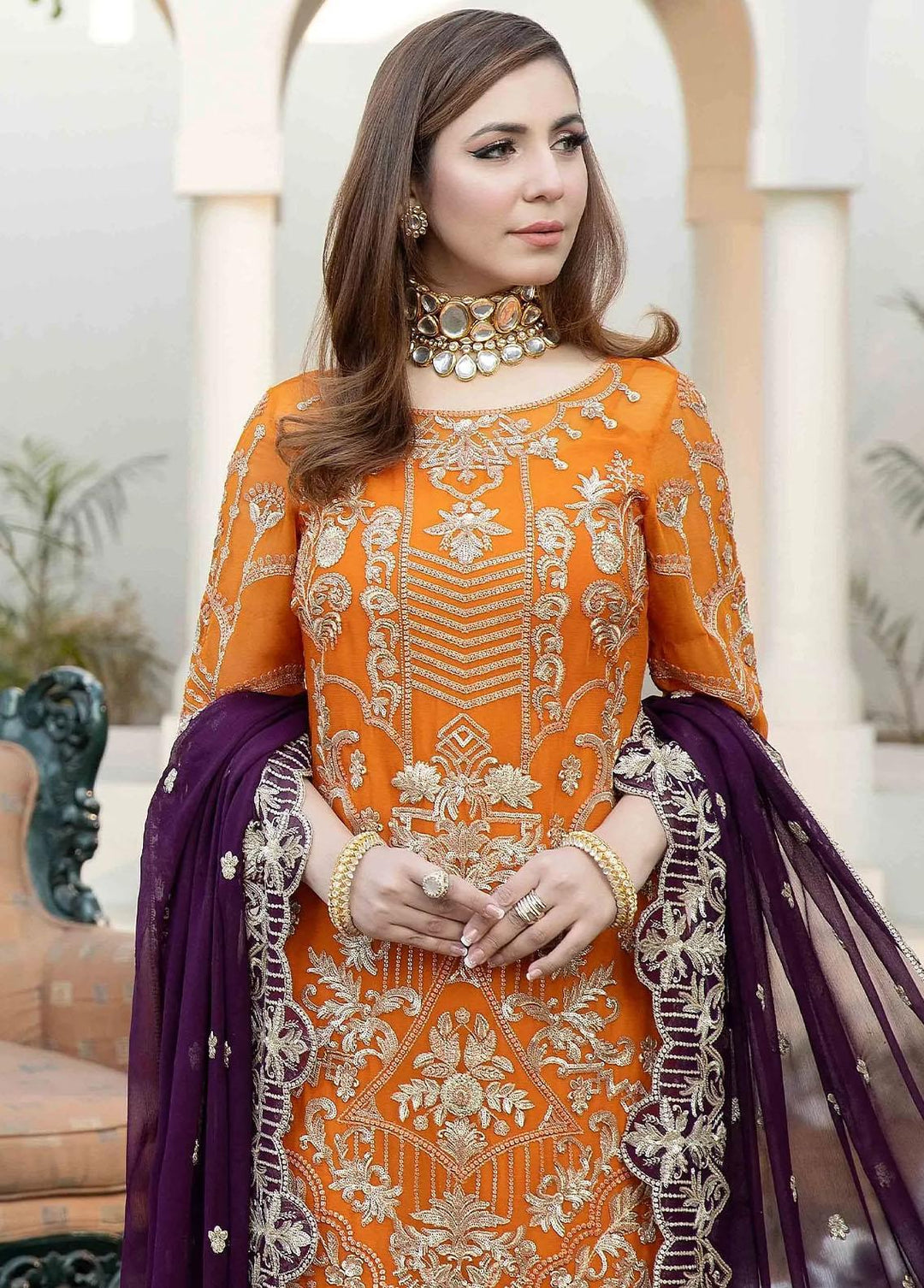 Esta Bonita By Imrozia Embroidered Chiffon Suits Unstitched 3 Piece IMP23EB M-19 Fuchsia Gold - Premium Collection