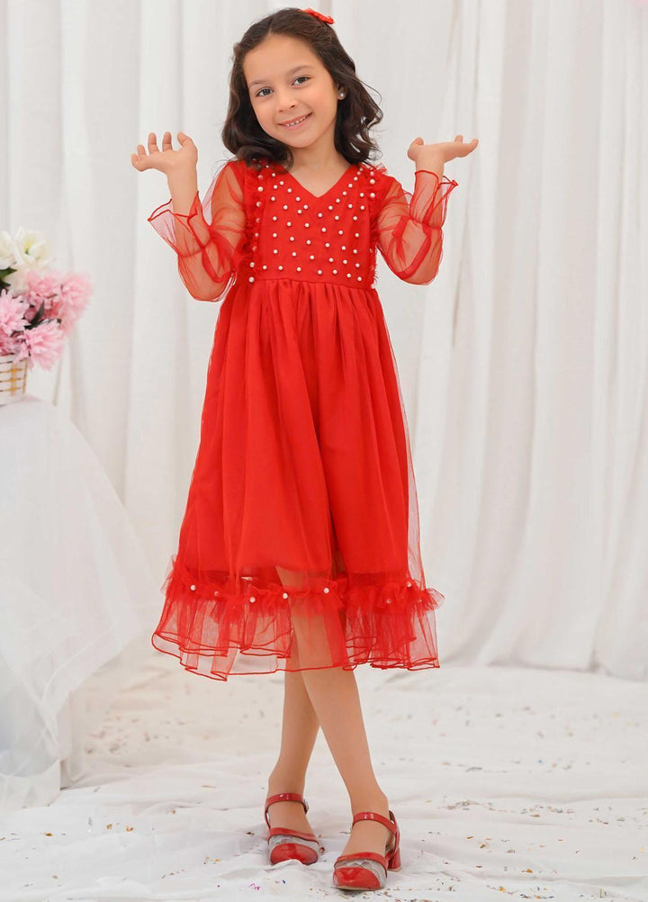 Modest Pret Fancy Net Frock Ruby