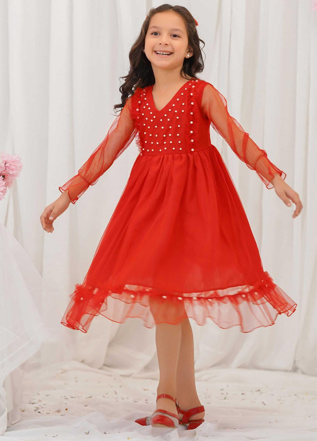 Modest Pret Fancy Net Frock Ruby