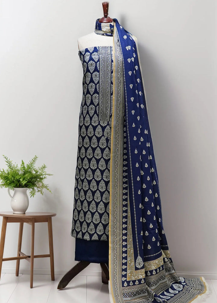 Farah N Faria By Bin Saeed Embroidered Lawn Suit 3 Piece Unstitched BS24F Blue - Summer Collection