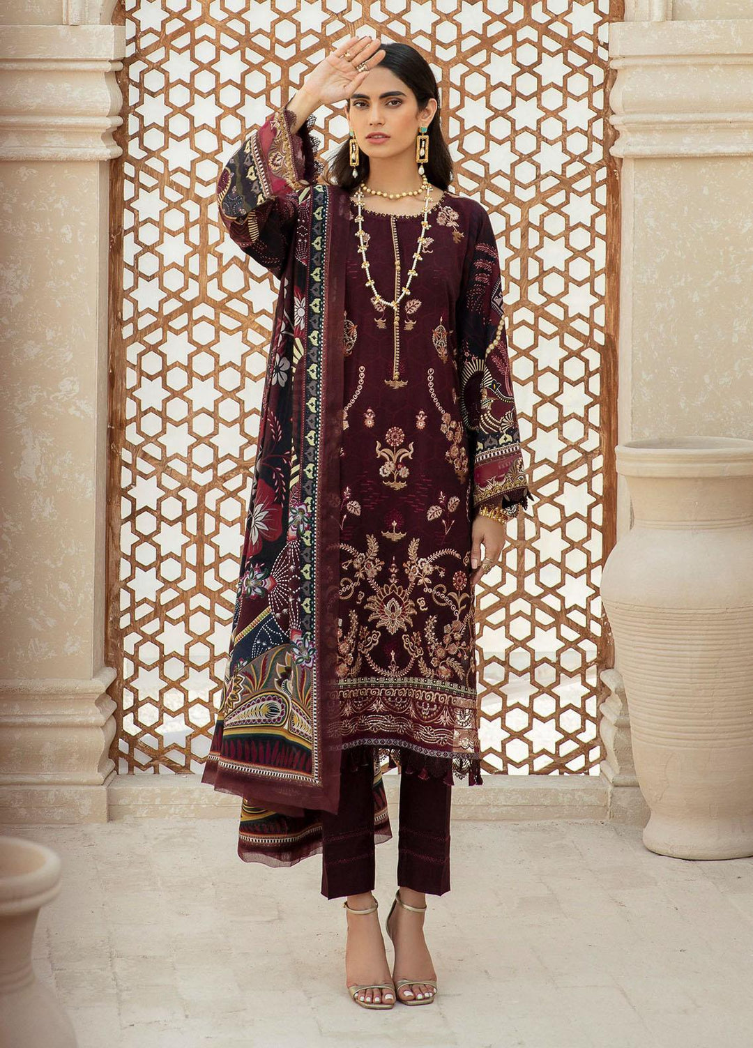 Farasha Embroidered Linen Suits Unstitched 3 Piece FSH21L 07-GARNET - Winter Collection