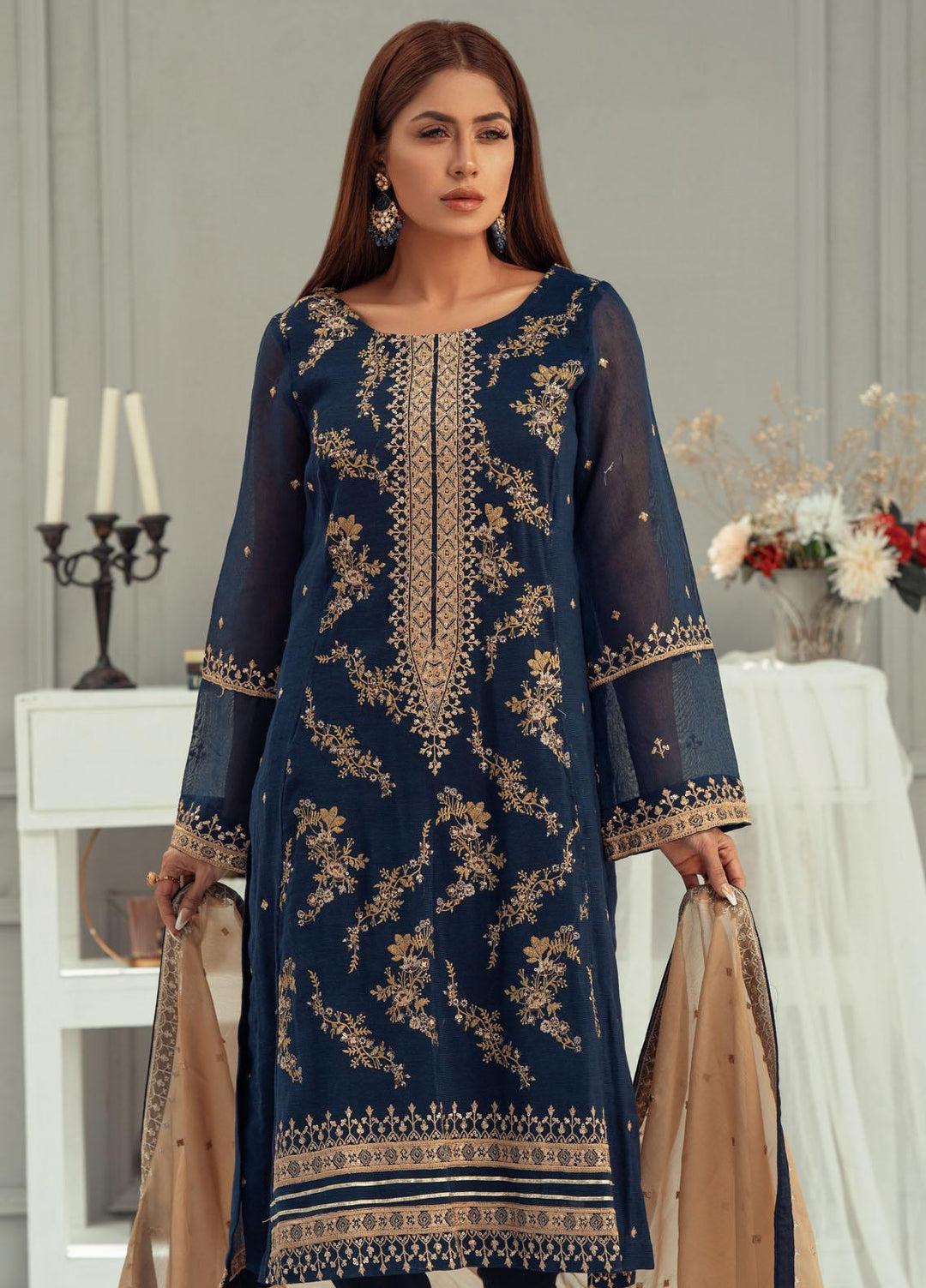 Fascino Embroidered Khaadi Net Suits Unstitched 3 Piece FN22F SAPPHIRE - Festive Collection