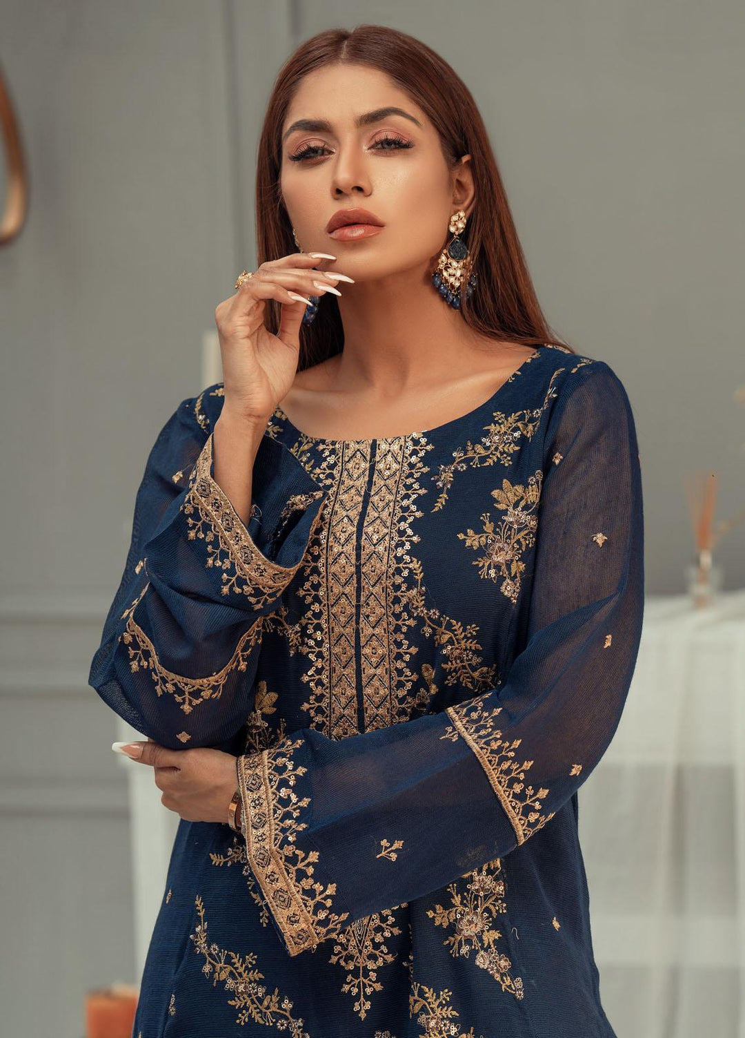 Fascino Embroidered Khaadi Net Suits Unstitched 3 Piece FN22F SAPPHIRE - Festive Collection