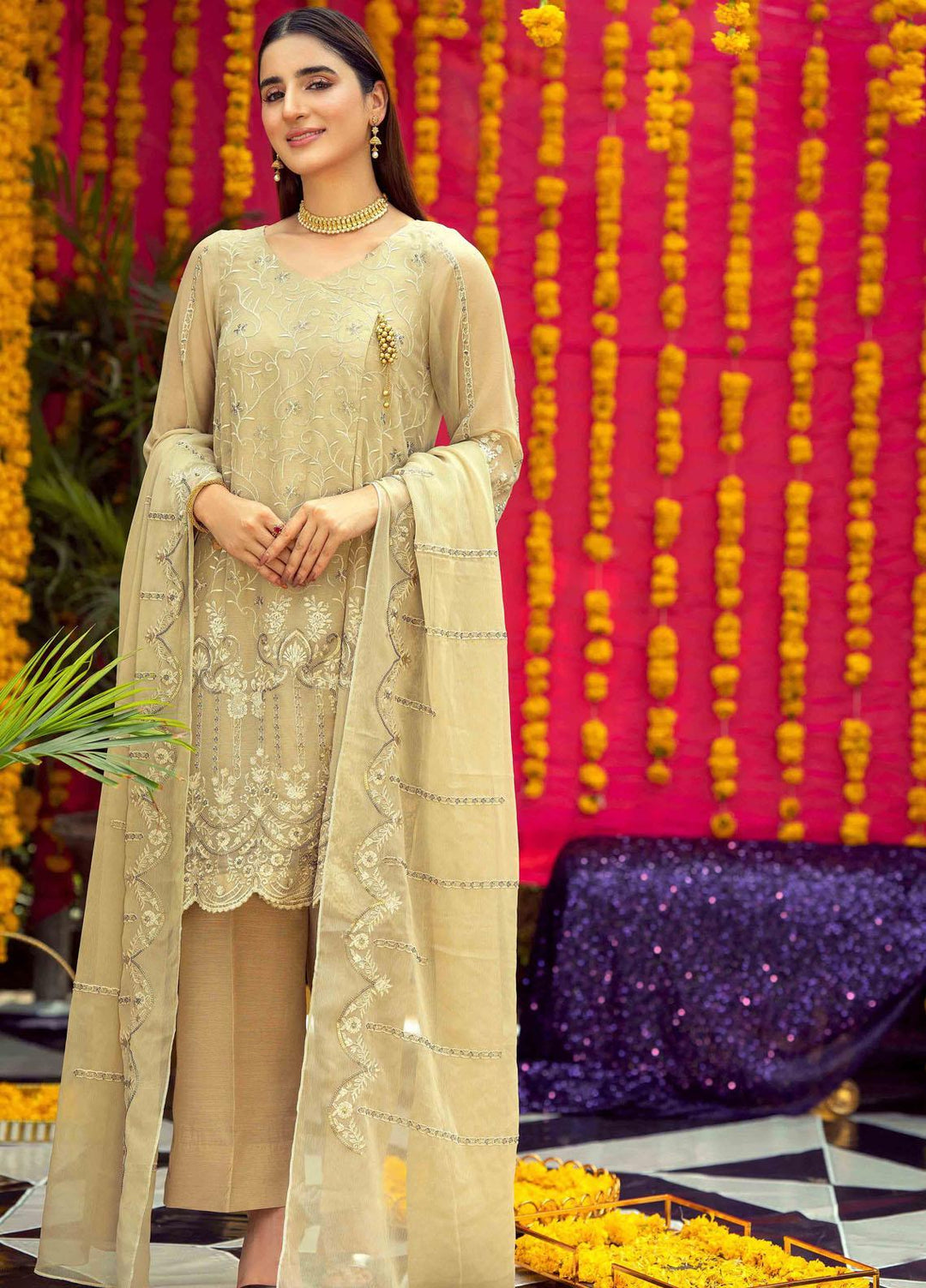 LA FLORA by Fascino Embroidered Chiffon Suits Unstitched 4 Piece FN22-LF4 Quicksand - Luxury Collection