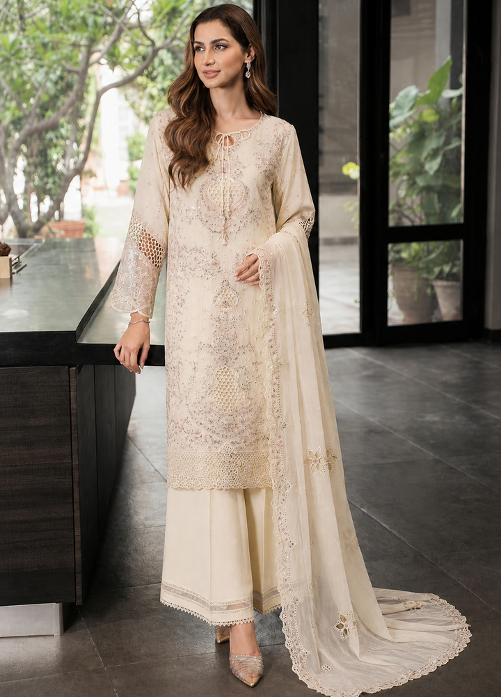 Fasane by HZ Textiles RTW Embroidered Chiffon 3 Piece Suit HZ26UCF HZK-236 Cream - Festive Collection