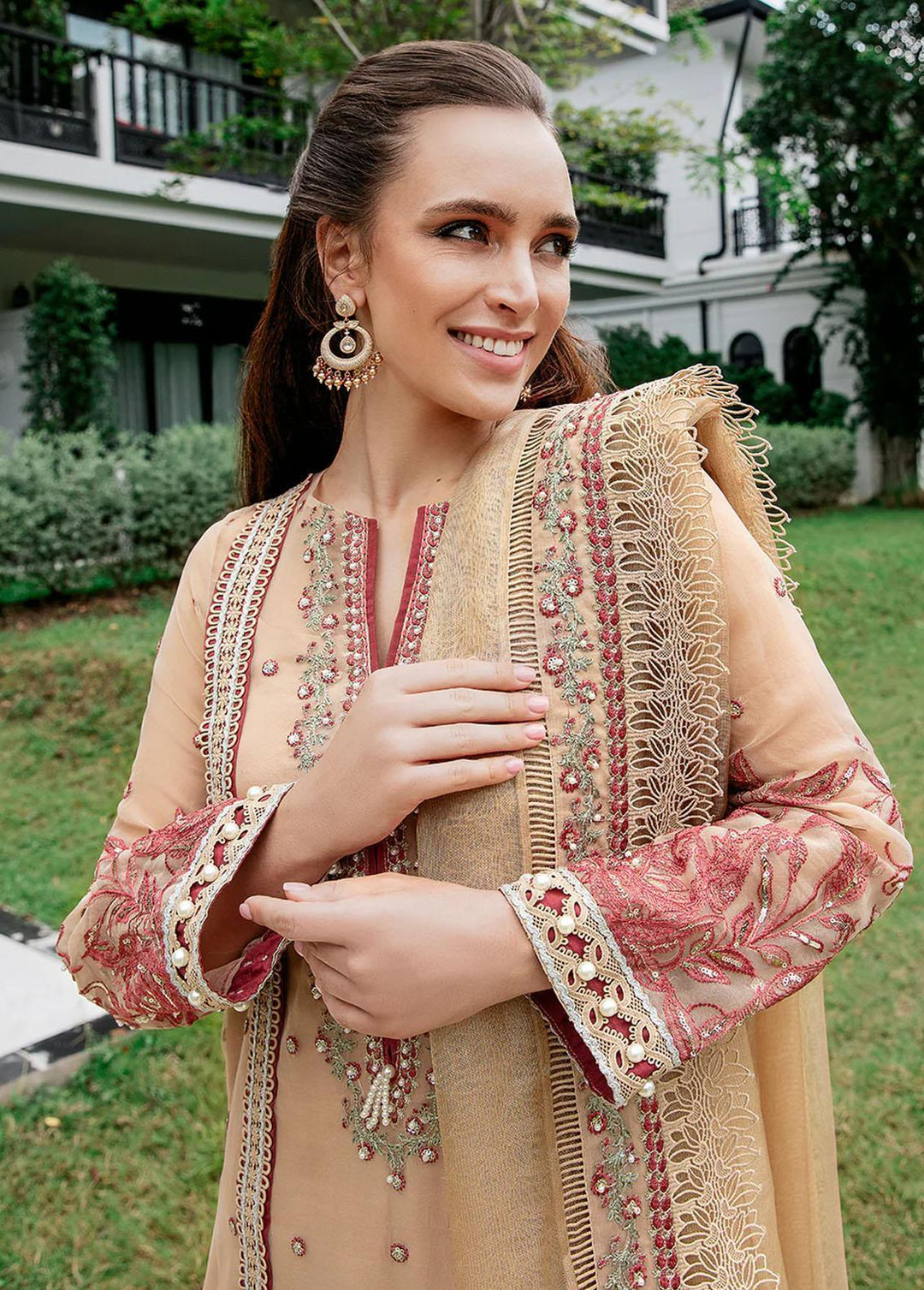 Saad Shaikh Pret Embroidered Organza 3 Piece Suit Beige Sea Sand