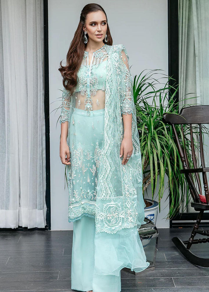 Saad Shaikh Pret Embroidered Net 3 Piece Suit Ice Blue Marine