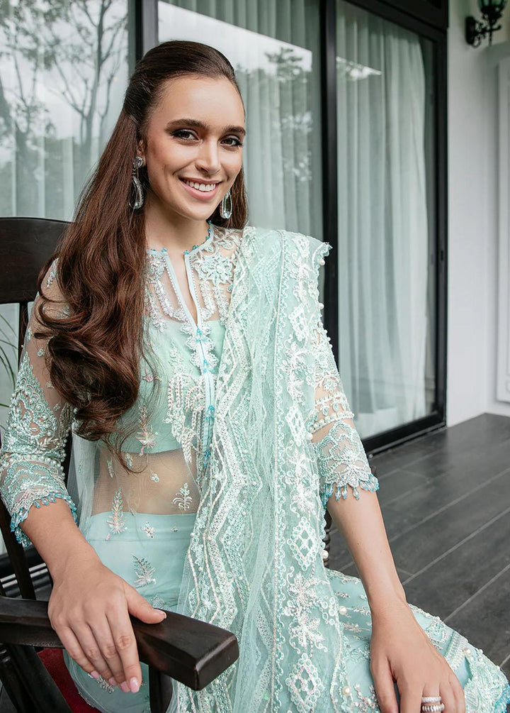 Saad Shaikh Pret Embroidered Net 3 Piece Suit Ice Blue Marine
