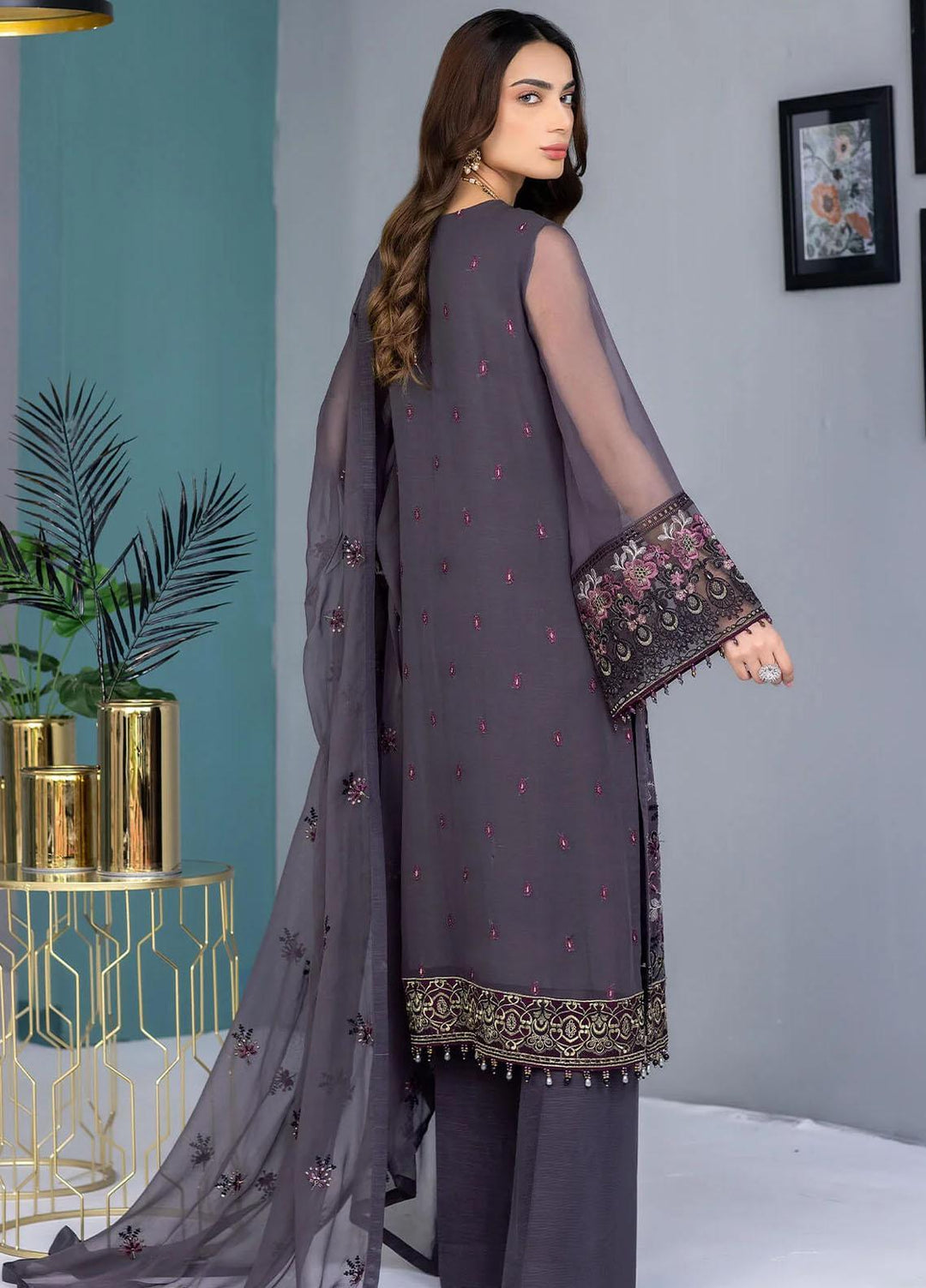 Flossie Embroidered Chiffon Suits Unstitched 3 Piece FS23EU K-1308 Grey Elegant - Festive Collection