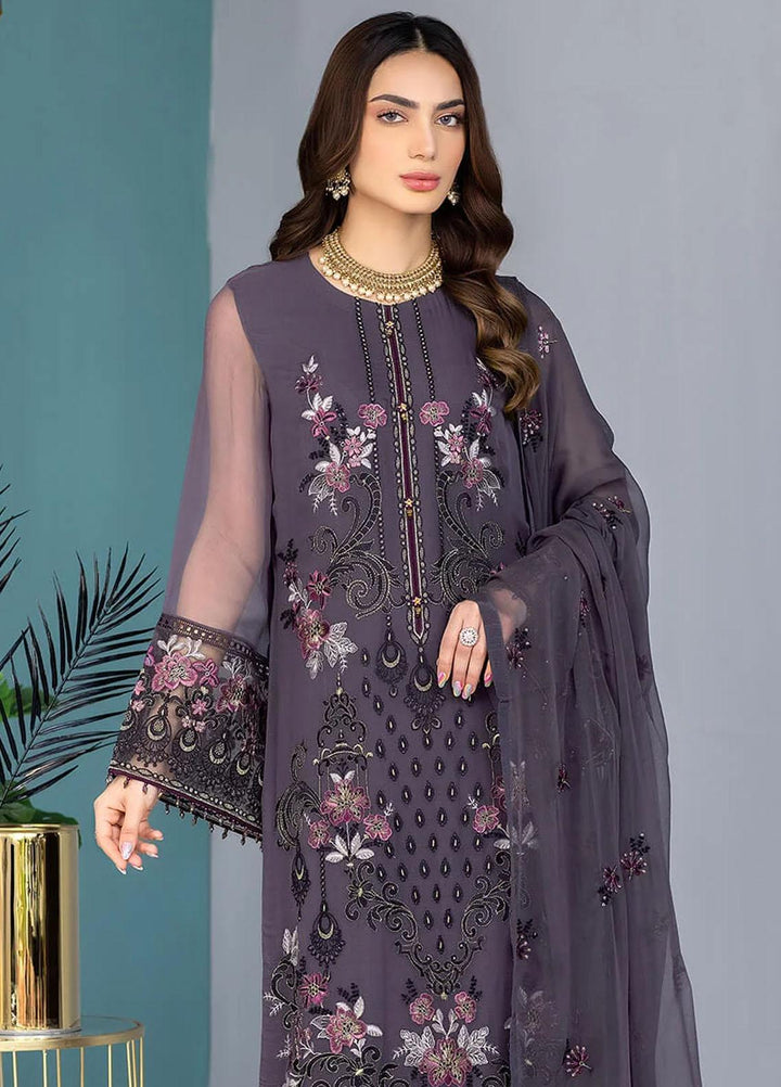 Flossie Embroidered Chiffon Suits Unstitched 3 Piece FS23EU K-1308 Grey Elegant - Festive Collection