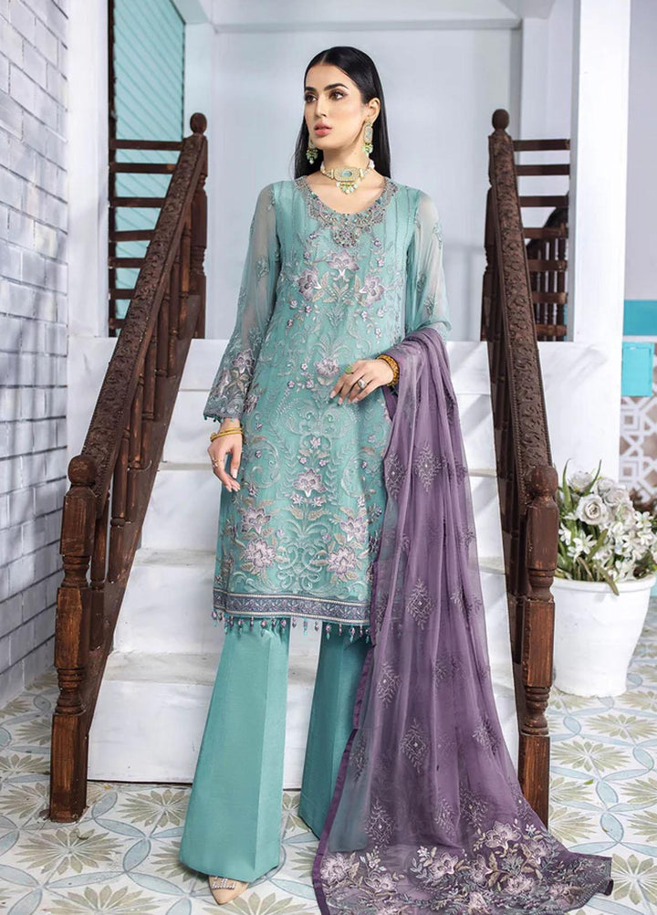 Flossie Embroidered Chiffon Suits Unstitched 3 Piece CABANA BLUE - Luxury Collection
