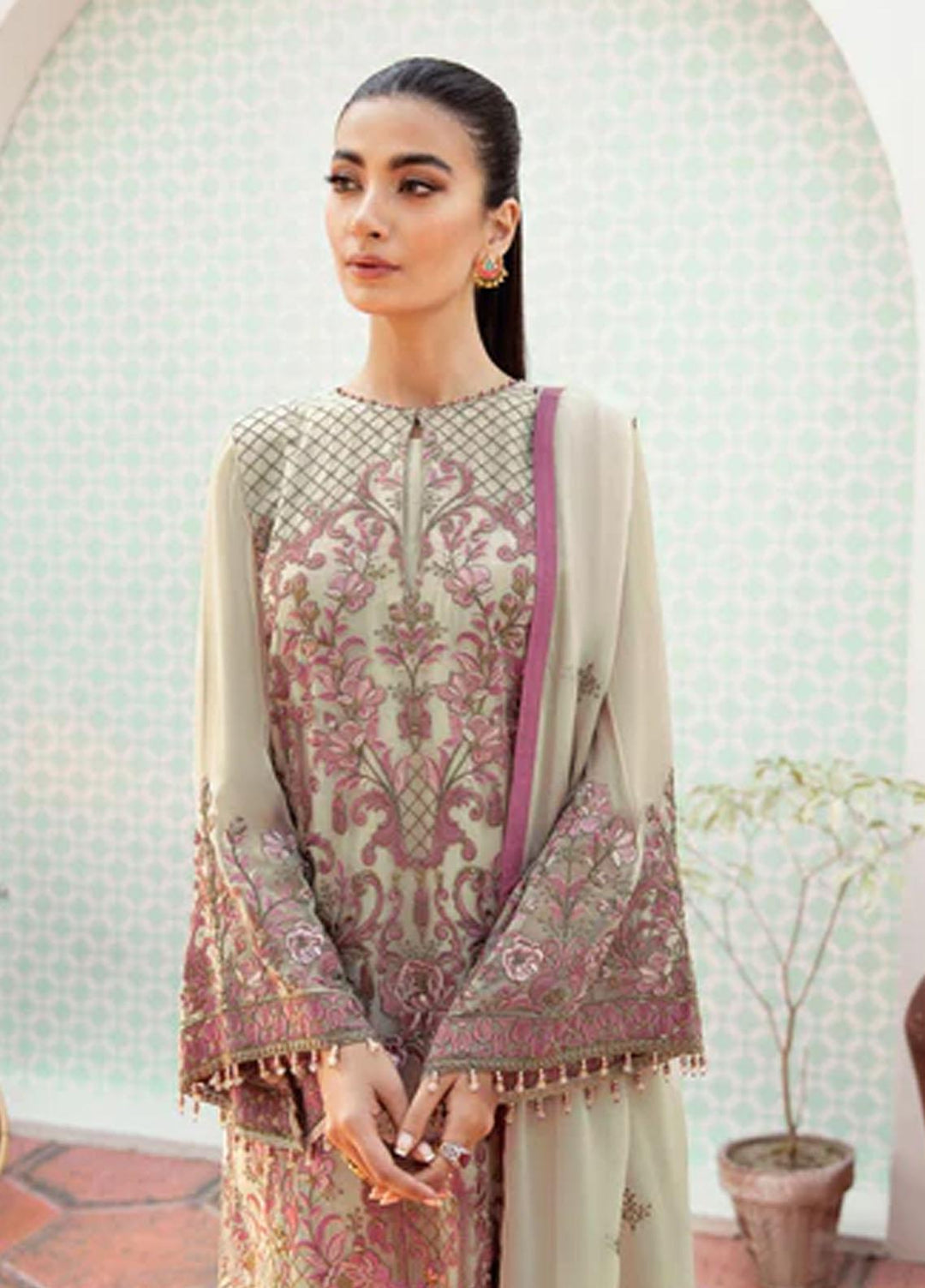 Flossie Embroidered Chiffon Suits Unstitched 3 Piece CORNHUSK - Luxury Collection
