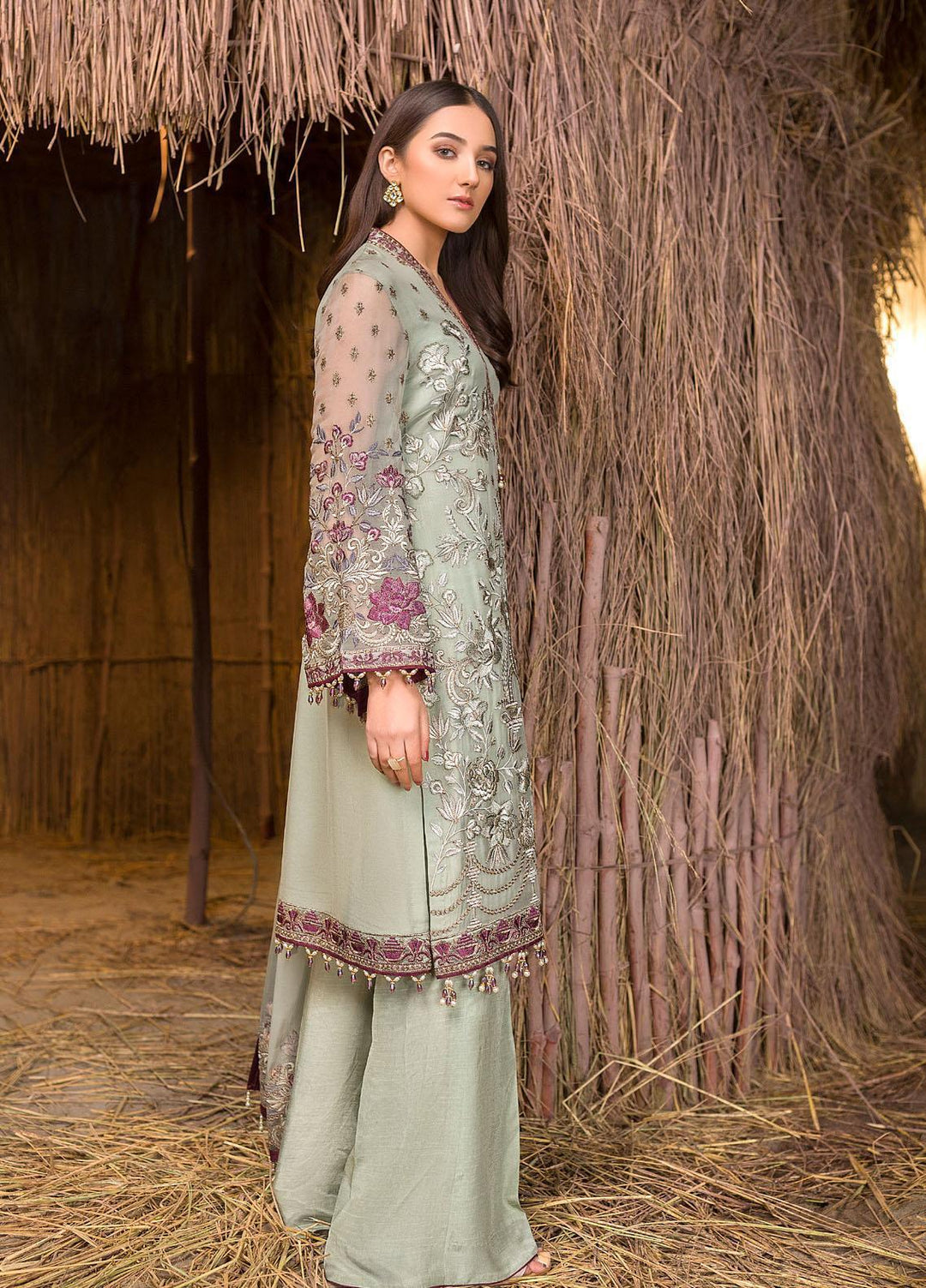 Flossie Embroidered Chiffon Suits Unstitched 3 Piece OLIVE GREEN - Luxury Collection