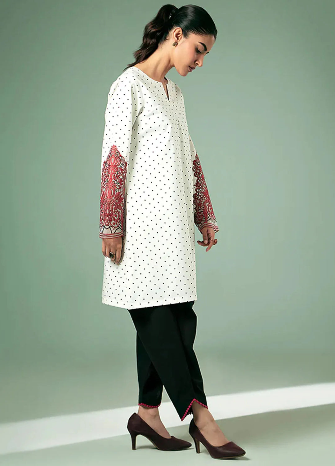 Fozia Khalid Pret Casual Cotton Kurti Polka Dot Statement