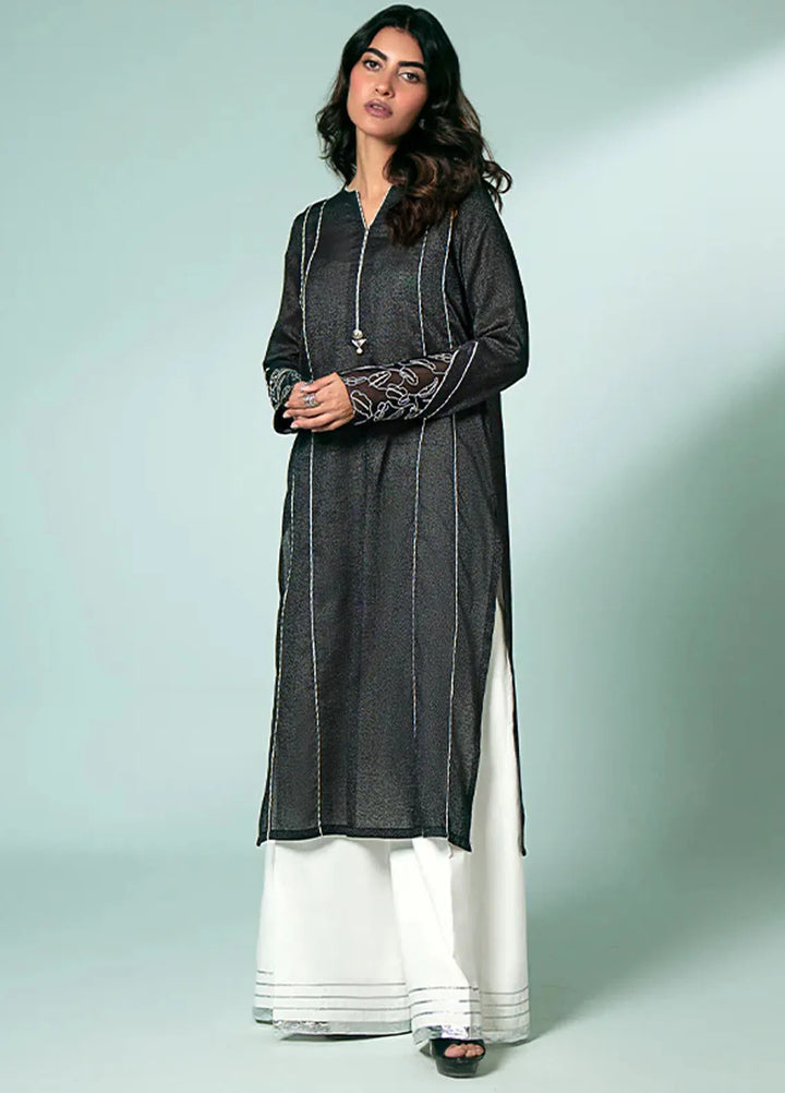 Fozia Khalid Pret Casual Karandi Kurti Black Gotta Fusion Tunic