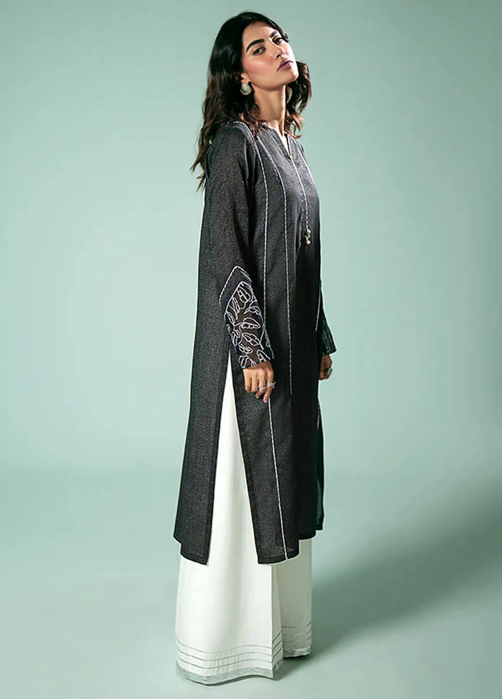 Fozia Khalid Pret Casual Karandi Kurti Black Gotta Fusion Tunic