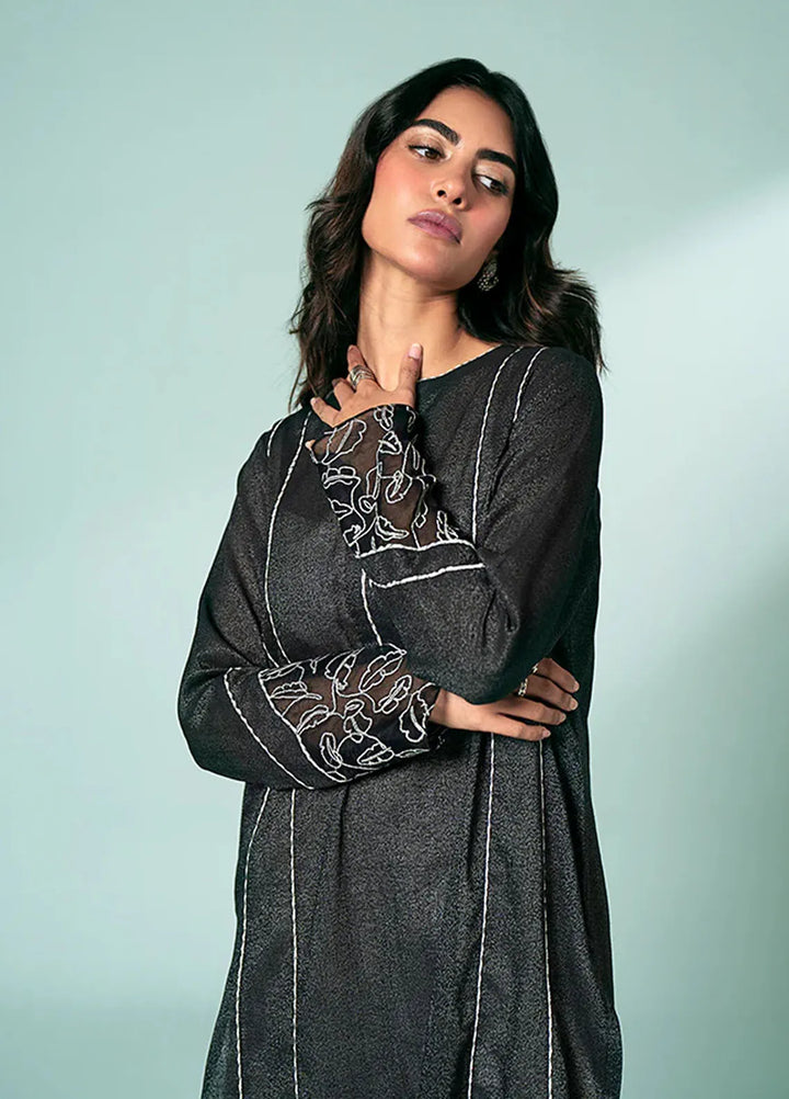 Fozia Khalid Pret Casual Karandi Kurti Black Gotta Fusion Tunic