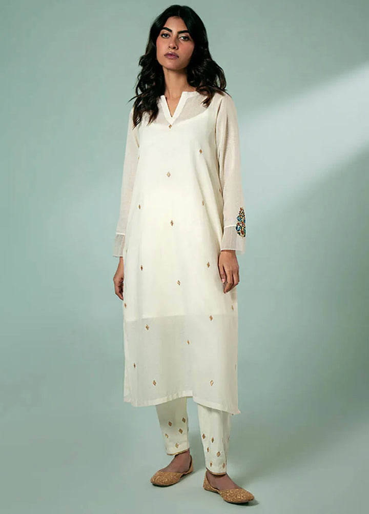 Fozia Khalid Pret Casual Karandi Kurti Ivory Sprinkled