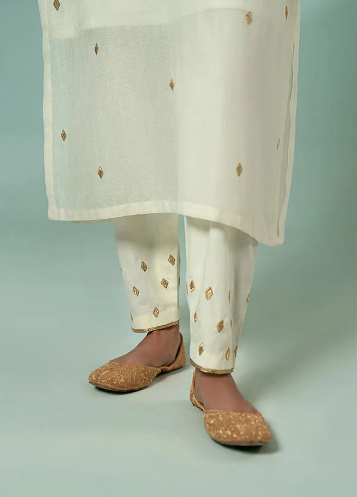 Fozia Khalid Pret Casual Karandi Kurti Ivory Sprinkled