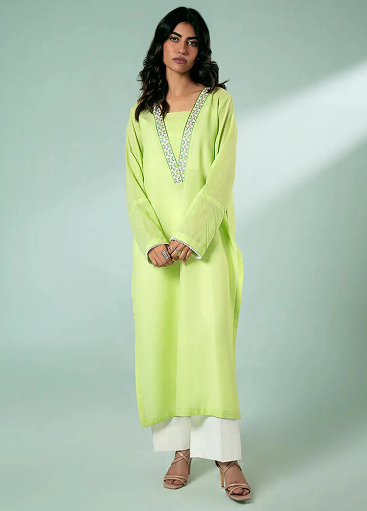 Fozia Khalid Pret Casual Karandi Kurti Lime Green Tunic