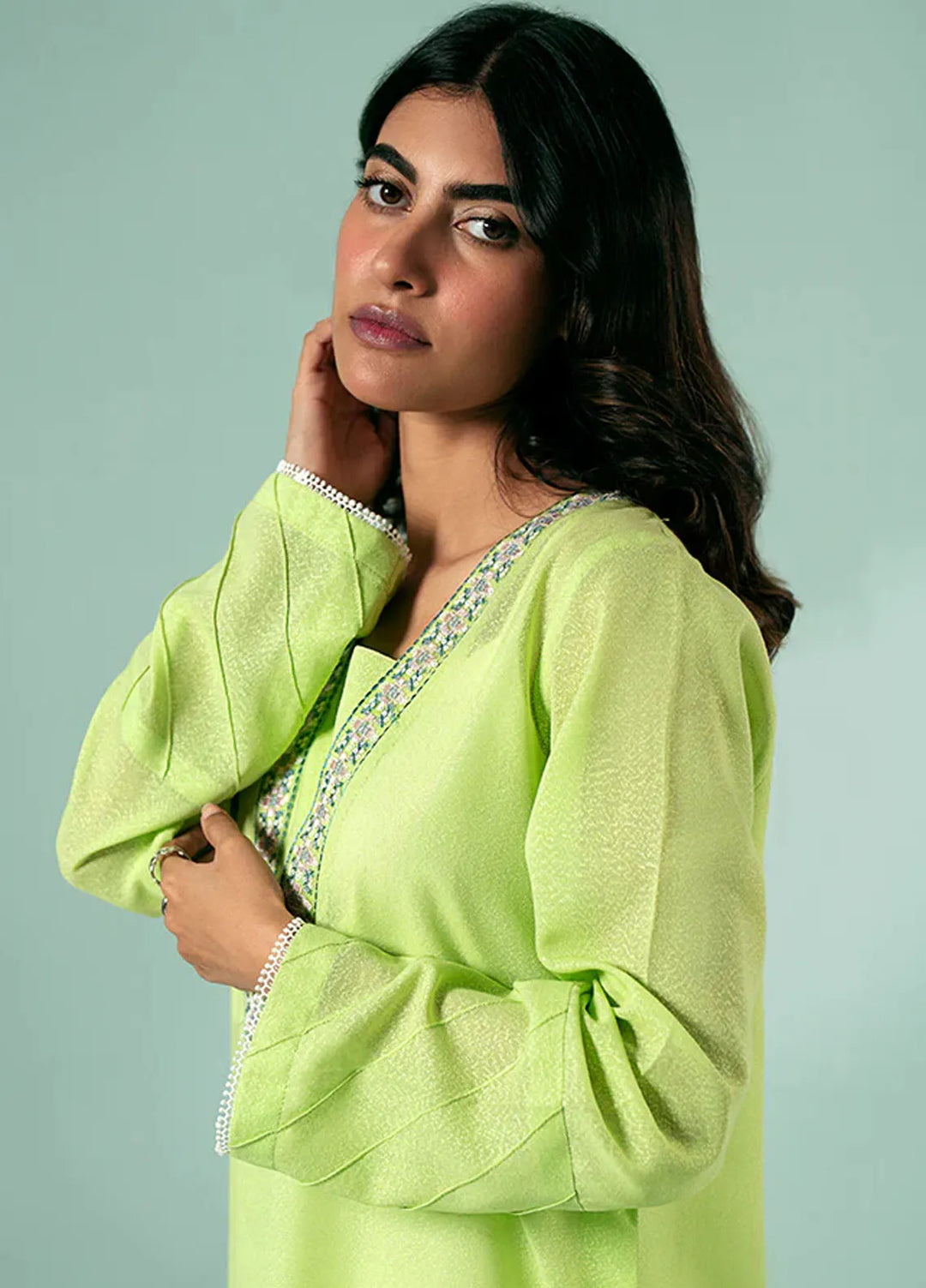 Fozia Khalid Pret Casual Karandi Kurti Lime Green Tunic