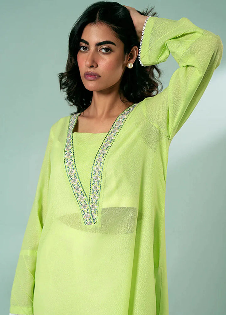 Fozia Khalid Pret Casual Karandi Kurti Lime Green Tunic