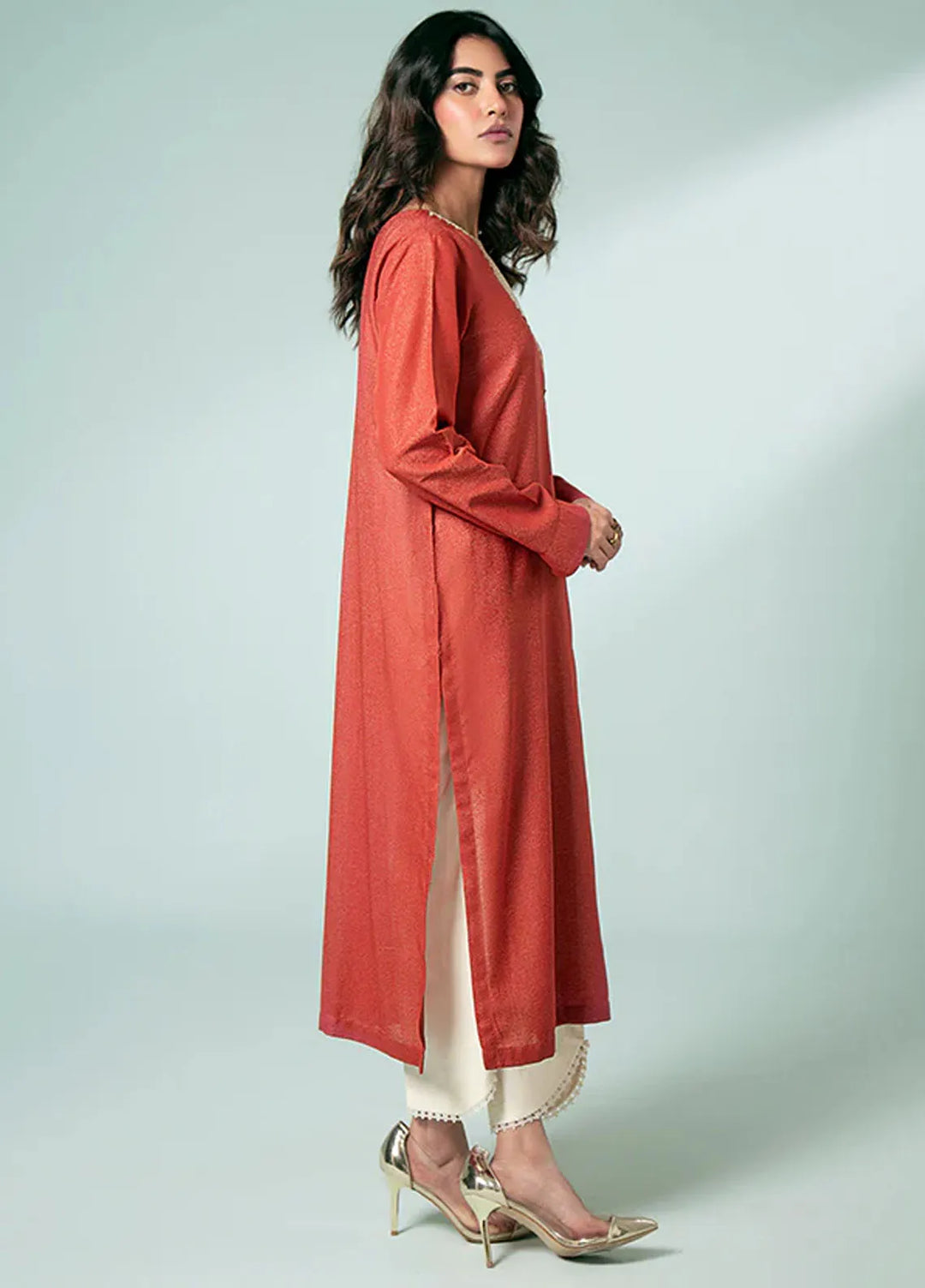 Fozia Khalid Pret Casual Karandi Kurti Rust