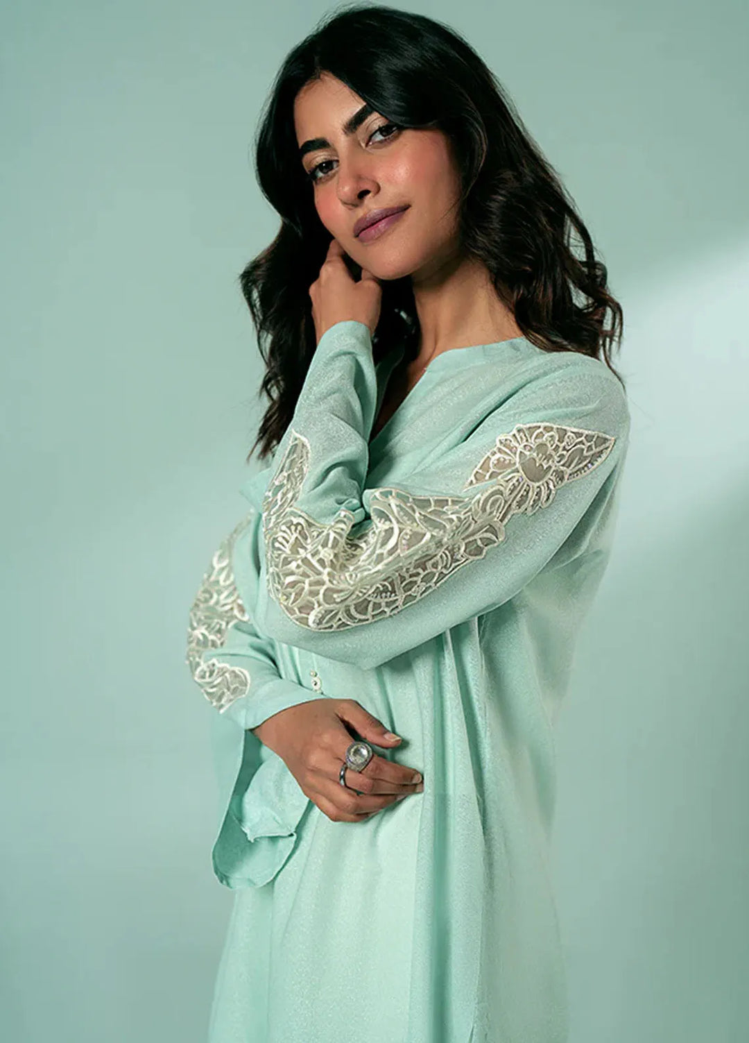 Fozia Khalid Pret Casual Karandi Kurti Sky Blue