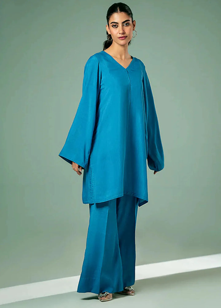 Fozia Khalid Pret Casual Silk 2 Piece Cyan Blue
